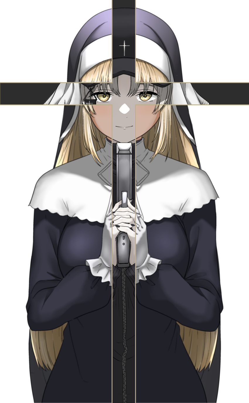 1girl absurdres bangs black_dress black_nails blonde_hair cross dress dual_persona eyebrows_visible_through_hair gloves gun gun_to_head habit highres holding holding_gun holding_weapon kaede_(harutan109) long_hair long_sleeves nail_polish nijisanji nun praying simple_background sister_cleaire smile solo symbol_in_eye virtual_youtuber weapon white_background white_gloves yellow_eyes zipper