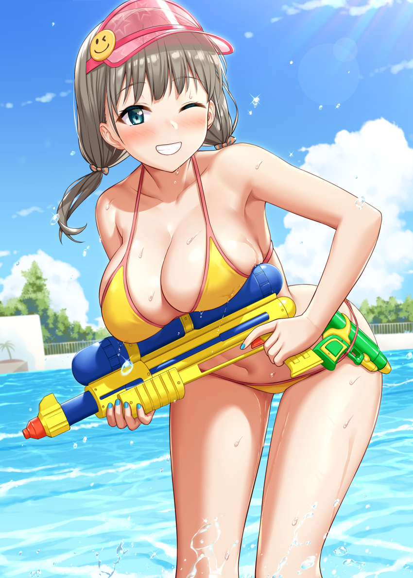 1girl absurdres armpits bare_arms bare_shoulders bikini blue_eyes breasts cleavage cloud collarbone day grey_hair grin halter_top halterneck highres large_breasts leaning_forward long_hair looking_at_viewer low_twintails nail_polish navel one_eye_closed original outdoors pool sawada_yuusuke smile solo spaghetti_strap standing stomach string_bikini sunlight swimsuit thighs twintails visor_cap wading water water_gun wet yellow_bikini