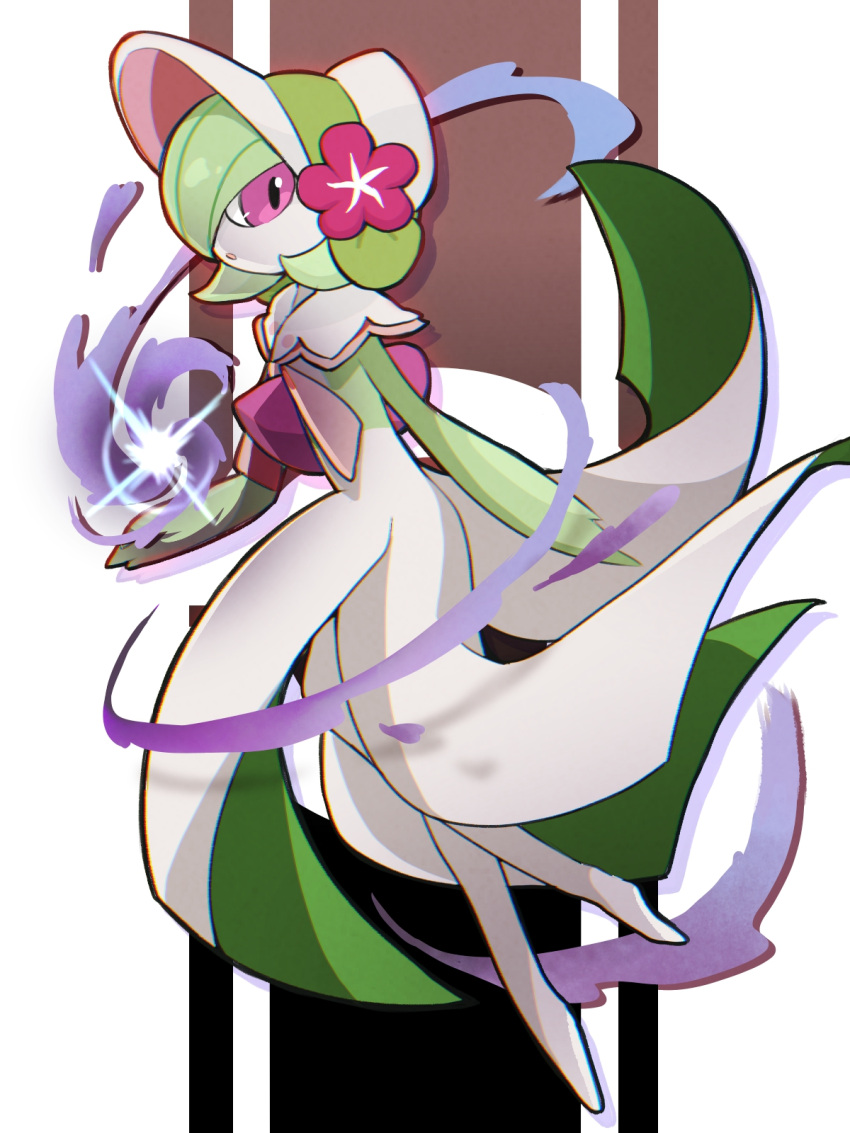 bonnet capelet colored_skin commentary energy flower from_side full_body gardevoir gardevoir_(fashionable) gen_3_pokemon green_hair highres parted_lips pokemon pokemon_(creature) pokemon_(game) pokemon_unite purple_eyes purple_flower tintira_ta white_skin