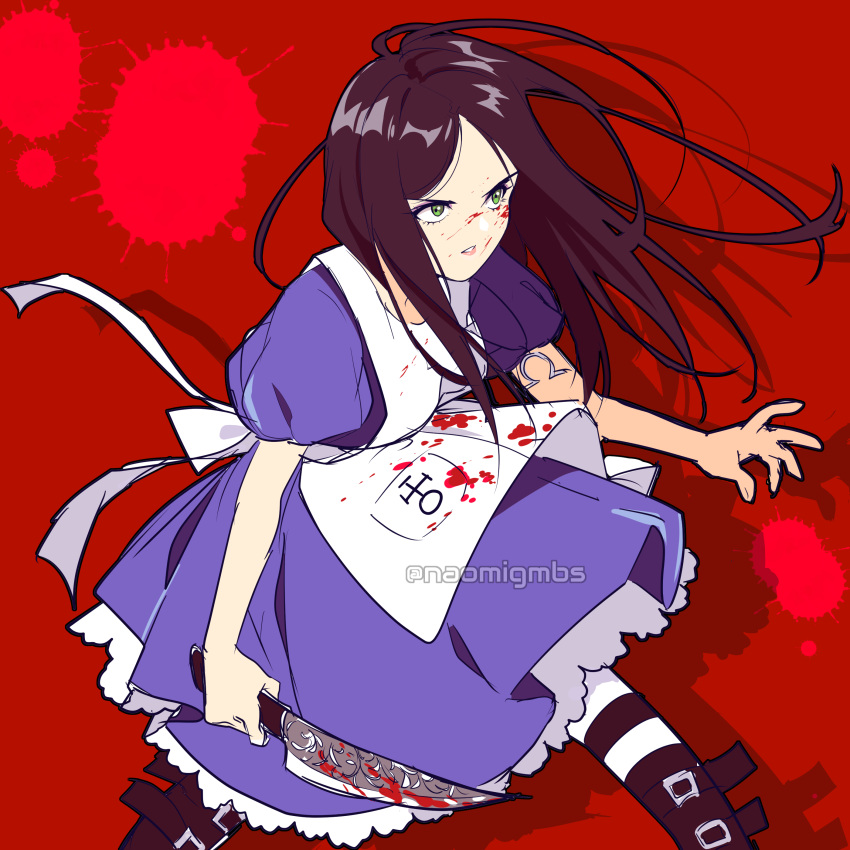 1girl absurdres alice:_madness_returns alice_(alice_in_wonderland) american_mcgee's_alice apron black_hair blood boots breasts commentary dress green_eyes highres jewelry jupiter_symbol knife long_hair naomig necklace pantyhose puffy_sleeves solo striped striped_legwear