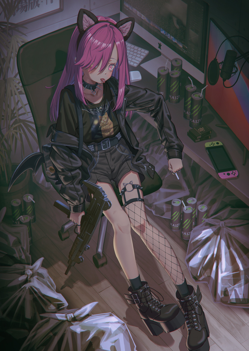 1girl absurdres animal_ears apple_inc. belt boots brand_name_imitation cat_ears chair cigarette cigarette_pack collar computer drinking_straw fake_animal_ears fishnet_legwear fishnets gun hair_over_one_eye highres hironii_(hirofactory) holding holding_gun holding_weapon imi_uzi indoors jacket keyboard_(computer) leather leather_jacket long_hair microphone monitor monster_energy nintendo_switch office_chair original piercing pink_eyes pink_hair platform_footwear punk short_shorts shorts single_thighhigh sitting solo space_cat_(meme) spiked_collar spikes studded_belt submachine_gun thighhighs tongue tongue_piercing trash_bag weapon