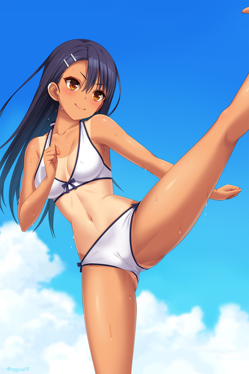 &gt;:) 1girl ass_visible_through_thighs bare_arms bare_legs bare_shoulders bikini black_hair blue_sky blush breasts cameltoe cleavage closed_mouth cloud collarbone commentary cygnus_(cygnus7) day eyebrows_visible_through_hair hair_ornament hairclip high_kick highres ijiranaide_nagatoro-san kicking long_hair medium_breasts nagatoro_hayase one-piece_tan outdoors red_eyes revision sky smile solo standing standing_on_one_leg sweat swimsuit tan tanlines v-shaped_eyebrows white_bikini