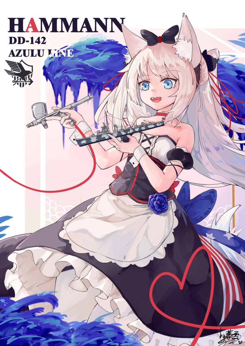 1girl :d absurdres animal_ears apron aqua_eyes azur_lane bangs bare_shoulders bow cat_ears character_name choker collarbone commentary_request detached_sleeves eagle_union_(emblem) eyebrows_visible_through_hair hair_bow hair_ribbon hairband hammann_(azur_lane) hammann_(destroyer) highres holding liwendala long_hair looking_at_viewer maid_apron military military_vehicle model_kit open_mouth ponytail retrofit_(azur_lane) ribbon ship sidelocks signature smile solo spray_paint warship watercraft white_hair wrist_cuffs