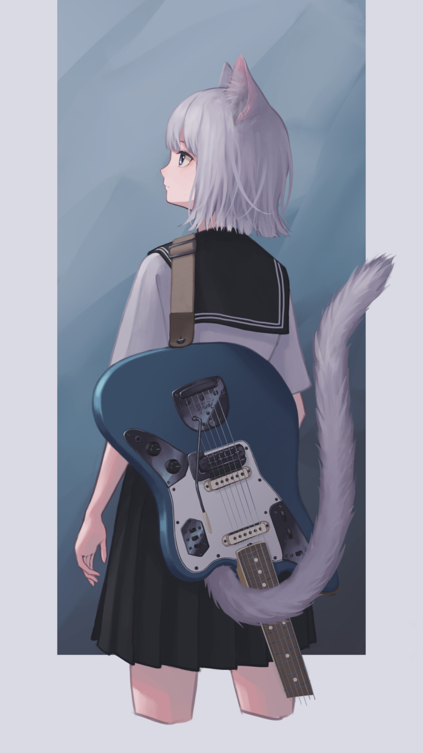 1girl animal_ears black_neckwear black_skirt blue_eyes cat_ears cat_girl cat_tail cowboy_shot cropped_legs electric_guitar from_behind guitar highres instrument instrument_on_back looking_to_the_side looking_up original pleated_skirt school_uniform serafuku shirt short_hair skirt solo tail tail_raised unvrsms white_hair white_shirt