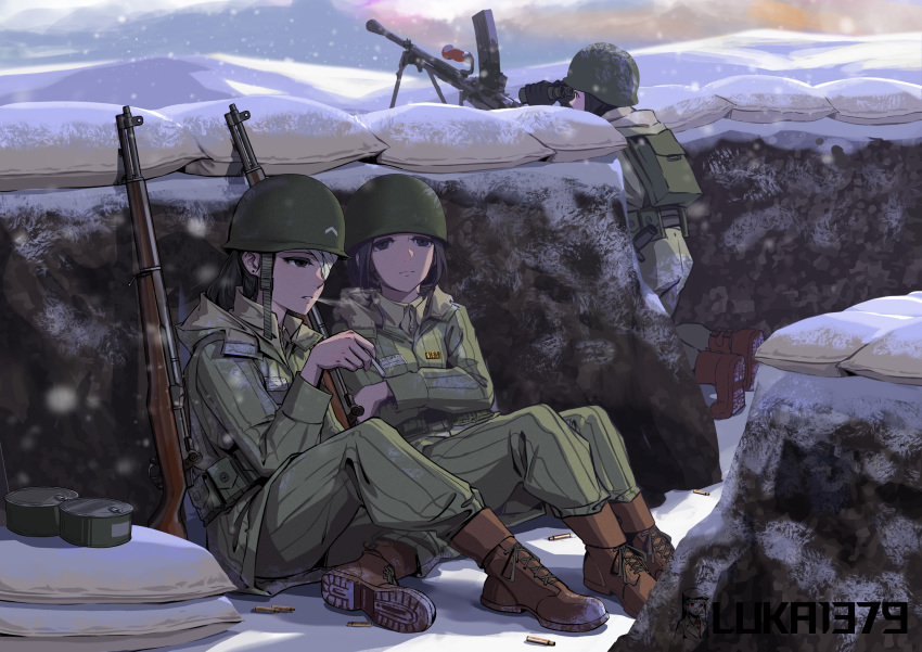 2girls absurdres artist_name backpack bag binoculars black_eyes black_hair bren_lmg can cigarette cloud crossed_arms frown gaiters gun helmet highres hill kneeling korean_war long_hair luli1379 m1_garand machine_gun military military_uniform multiple_girls original outdoors republic_of_korea_army rifle sandbag shell_casing sitting smoking snow snowing soldier type_99_light_machine_gun uniform weapon winter