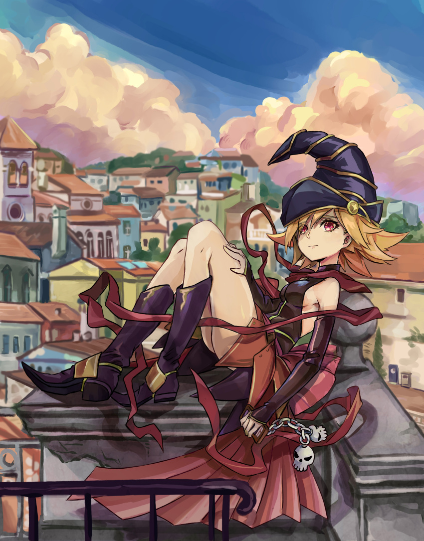 1girl absurdres black_footwear blonde_hair blue_sky boots breasts building cloud cloudy_sky day duel_monster gagaga_girl hat highres knees_up looking_at_viewer medium_breasts nero_augustus26 outdoors red_eyes sky smile solo wizard_hat yu-gi-oh! yu-gi-oh!_zexal