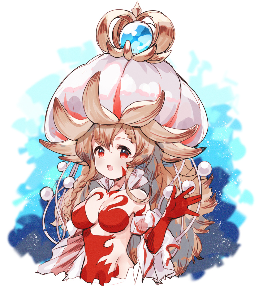 1girl :d bangs braid braided_bangs breasts brown_hair charybdis_(granblue_fantasy) commentary_request cropped_torso eyebrows_visible_through_hair facial_mark granblue_fantasy groin hair_between_eyes hand_up hat highres jellyfish_girl long_hair looking_at_viewer medium_breasts meito_(maze) navel open_mouth orb red_eyes see-through smile solo upper_body very_long_hair white_headwear