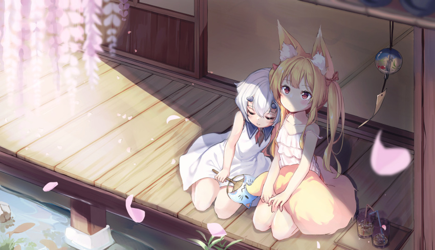 2girls animal_ear_fluff animal_ears blonde_hair brown_eyes camisole cherry_blossoms closed_eyes coneko_(slvk12) cup doorway dress drinking_glass drinking_straw fox_ears fox_girl fox_tail hand_fan head_on_another's_shoulder highres horns long_hair looking_down multiple_girls original outdoors paper_fan petals short_hair sitting sleeveless sleeveless_dress smile strap_slip sundress tail tatami twintails veranda white_camisole white_dress white_hair wind_chime