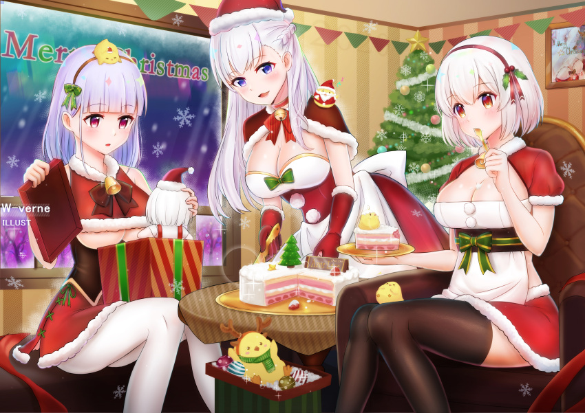 3girls absurdres alternate_costume azur_lane bangs belfast_(azur_lane) bell bent_over bird black_legwear blue_eyes blunt_bangs bow bowtie box braid breasts capelet chair chick choker christmas christmas_cake christmas_ornaments christmas_tree cleavage dido_(azur_lane) eating eyebrows_visible_through_hair gift gift_box hair_between_eyes hairband hat highres long_hair manjuu_(azur_lane) merry_christmas multiple_girls neck_bell orange_eyes pantyhose plate red_eyes ribbon_choker santa_hat short_hair sidelocks single_braid sirius_(azur_lane) sitting snowing table thighhighs underboob w_verne white_hair white_legwear window zettai_ryouiki