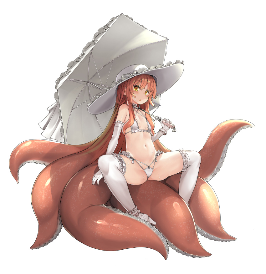 1girl bikini breasts commentary_request elbow_gloves eyebrows_visible_through_hair full_body gloves hat highres holding holding_umbrella itou_ryuusei looking_at_viewer monster_girl original red_hair simple_background small_breasts solo spread_legs sweat swimsuit tentacle_hair tentacles thighhighs umbrella white_background white_bikini white_gloves white_headwear white_legwear yellow_eyes