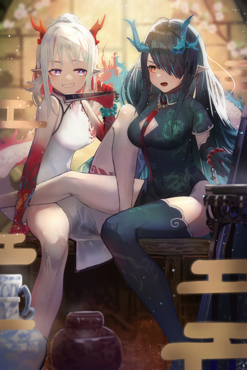 2girls architecture arknights bangs bannnouyakunta bare_legs bead_bracelet beads black_dress black_gloves black_hair black_legwear blue_hair blurry blurry_background blush bracelet braid branch breasts china_dress chinese_clothes cleavage_cutout clothing_cutout collared_dress colored_skin commentary covered_navel cowboy_shot dragon_horns dragon_tail dress dusk_(arknights) earrings east_asian_architecture egasumi elbow_gloves fang fire flower folding_fan gloves gradient_skin grin hair_between_eyes hair_over_one_eye hand_fan highres holding holding_fan horns jewelry knee_up long_hair looking_at_another looking_to_the_side medium_breasts multicolored multicolored_hair multicolored_skin multiple_girls nian_(arknights) nian_(unfettered_freedom)_(arknights) open_mouth orange_eyes parted_bangs pelvic_curtain pointy_ears ponytail pot purple_eyes red_hair red_neckwear red_skin short_sleeves siblings side_braid silver_hair sisters sitting skin_fang sleeveless sleeveless_dress smile streaked_hair tail tassel tassel_earrings teeth thighhighs thighs two-tone_hair two-tone_skin vase white_dress wing_collar