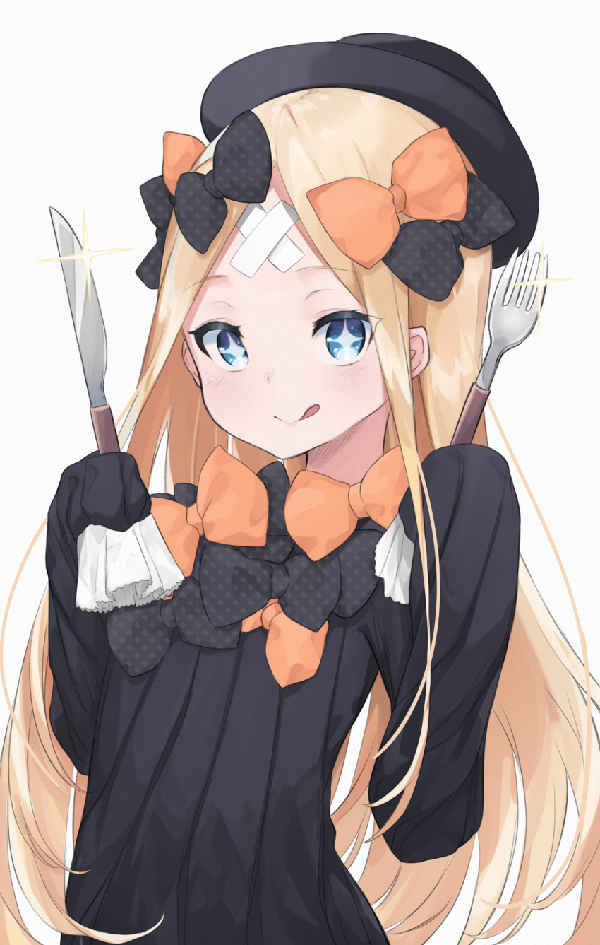 +_+ 1girl abigail_williams_(fate) black_bow black_dress blonde_hair bow breasts crossed_bandaids dress fate/grand_order fate_(series) fork glint hair_bow highres holding holding_fork holding_knife knife lazu0721 licking_lips long_hair long_sleeves looking_at_viewer multiple_bows multiple_hair_bows orange_bow sleeves_past_fingers sleeves_past_wrists solo tongue tongue_out very_long_hair