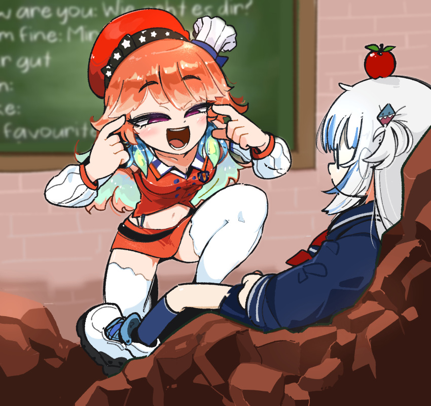 2girls apple blue_shirt chalkboard food fruit gawr_gura highres hololive hololive_english invincible_(series) looking_at_another meme multiple_girls open_mouth orange_hair red_skirt red_vest shirt skirt smug squinting takanashi_kiara thighhighs think_mark_think!_(meme) tkddud632 vest virtual_youtuber white_footwear white_hair white_legwear