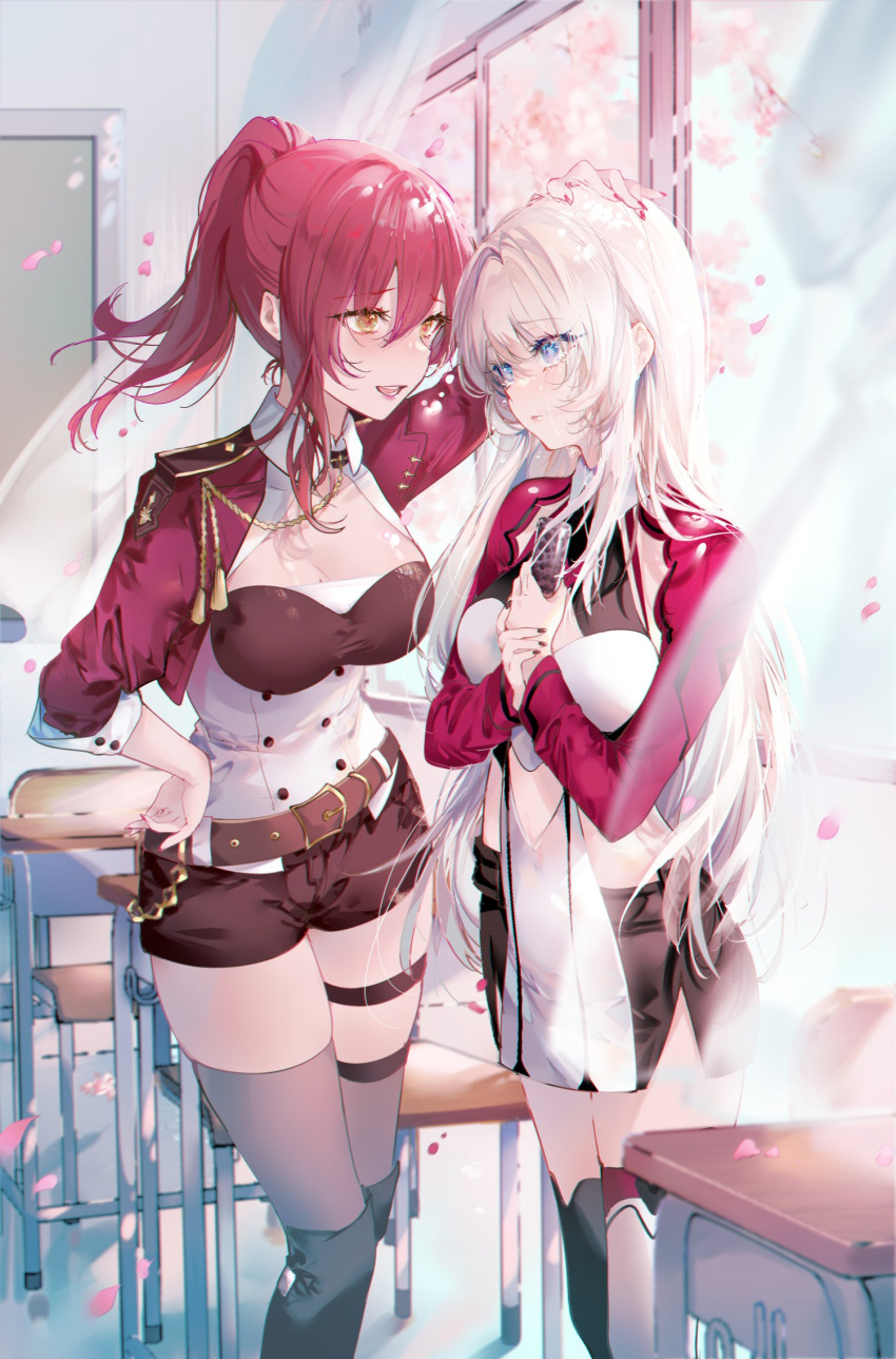 2girls bangs blue_eyes breasts cherry_blossoms classroom commentary_request crying eyes_visible_through_hair hand_on_another's_head hand_on_own_chest headpat highres honkai_(series) honkai_impact_3rd jacket kiana_kaslana kiana_kaslana_(void_drifter) kinokohime long_hair long_sleeves mole mole_on_breast multiple_girls murata_himeko murata_himeko_(battle_storm) open_mouth parted_bangs red_jacket shorts smile thigh_trap thighs