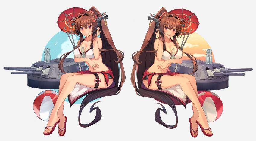 1girl ball bangs barefoot beachball bikini bottle breasts brown_eyes brown_hair cleavage closed_mouth collarbone commentary_request contrast eyebrows_visible_through_hair flip-flops flower hair_between_eyes hair_flower hair_ornament headgear highres kantai_collection kasumi_(skchkko) large_breasts legs long_hair machinery multiple_views oil-paper_umbrella open_mouth pink_flower ponytail ramune red_sarong red_umbrella rigging sandals sarong simple_background smile swimsuit turret umbrella very_long_hair white_bikini yamato_(kancolle)