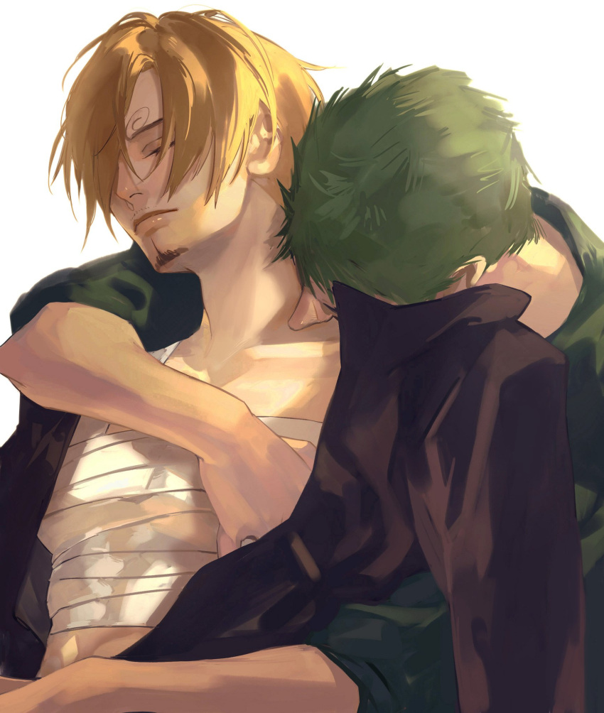 2boys bandages blonde_hair celeboom closed_eyes closed_mouth facial_hair goatee grabbing green_hair hair_over_one_eye head_on_another's_shoulder highres hug hug_from_behind male_focus multiple_boys one_piece open_clothes open_shirt pectoral_grab roronoa_zoro sanji short_hair sideburns toned toned_male upper_body yaoi