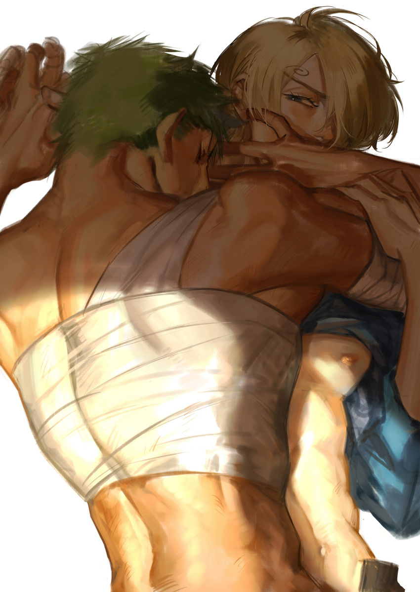 2boys absurdres bandages bare_back blonde_hair blush celeboom dark-skinned_male dark_skin from_above green_hair hair_over_one_eye highres male_focus multiple_boys nipples on_person one_piece pectorals roronoa_zoro sanji shade shadow short_hair sideburns toned toned_male yaoi