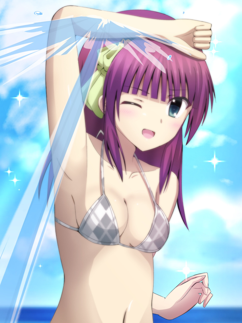 1girl ;d angel_beats! arm_up armpits bangs bikini blue_eyes blue_sky blunt_bangs blurry blurry_background bow breasts cleavage collarbone day eyebrows_visible_through_hair green_bow grey_bikini hair_bow halterneck highres lelie long_hair medium_breasts navel ocean one_eye_closed open_mouth outdoors purple_hair sideboob sky smile solo sparkle splashing summer swimsuit upper_body yuri_(angel_beats!)