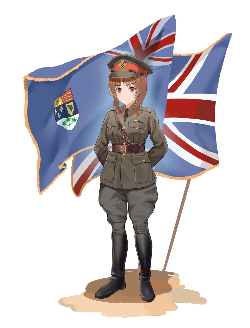 1girl absurdres arms_behind_back bangs belt boots breast_pocket brown_eyes brown_hair canadian_flag eyebrows_visible_through_hair flag full_body girls_und_panzer hat highres knee_boots medium_hair military military_uniform necktie nishizumi_miho peaked_cap pocket simple_background soldier solo unicron_(brous) uniform union_jack united_kingdom white_background world_war_ii