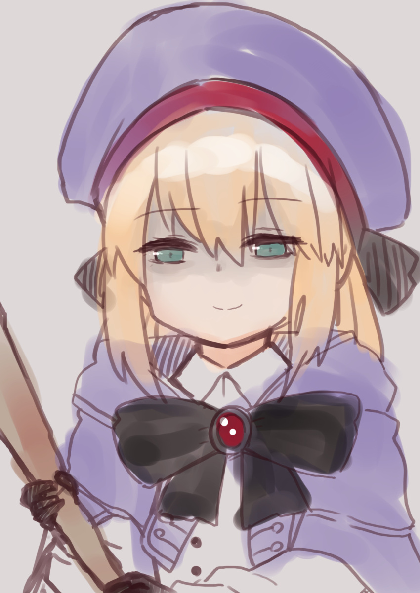 1girl artoria_pendragon_(caster)_(fate) artoria_pendragon_(fate) bangs black_bow black_gloves blue_cloak blue_headwear bow cloak closed_mouth collared_shirt eyebrows_visible_through_hair fate/grand_order fate_(series) gloves green_eyes grey_background hair_between_eyes hat highres holding hood hood_down hooded_cloak i.u.y long_sleeves morgan_le_fay_(fate) shaded_face shirt simple_background smile solo tonelico_(fate) upper_body white_shirt