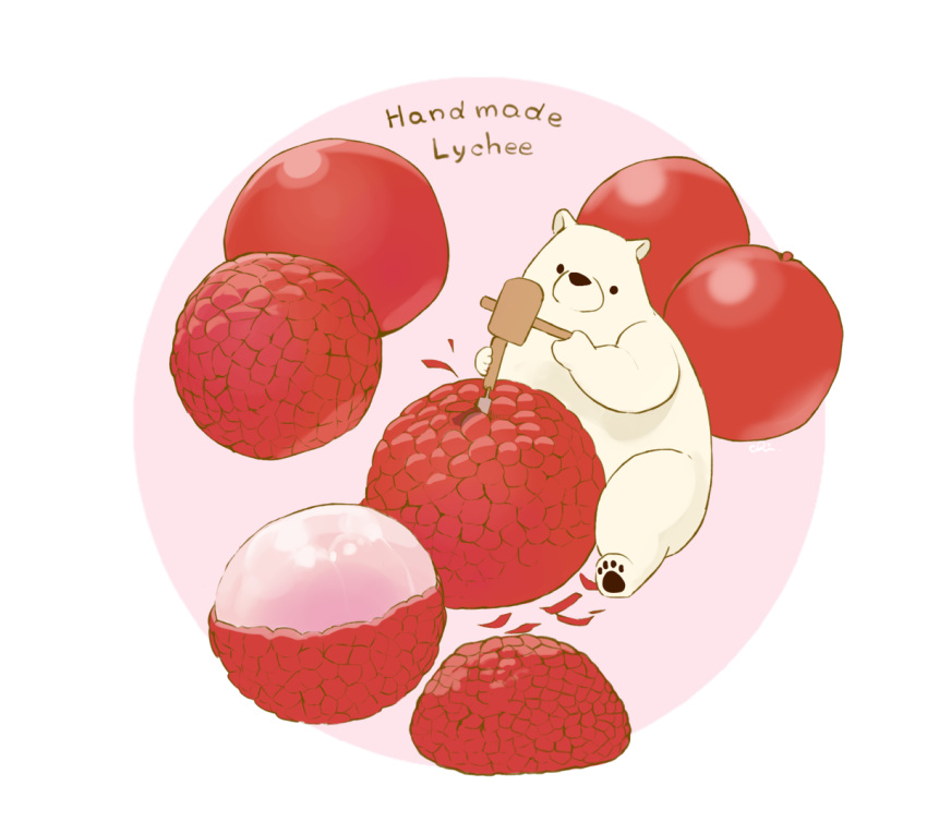 bear chai english_text food food_focus fruit lychee mallet no_humans original pink_background polar_bear simple_background