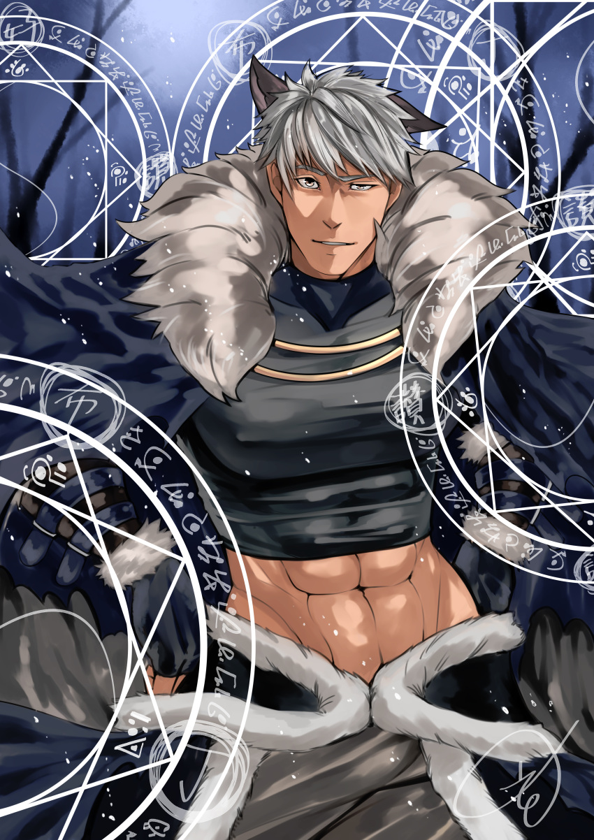 1boy absurdres animal_ears bangs black_gloves black_shirt blue_cape brown_eyes cape cat_ears commentary_request covered_nipples cowboy_shot crop_top fingerless_gloves fur-trimmed_cape fur_cape fur_trim gloves grey_hair grey_pants highres large_pectorals looking_at_viewer magic_circle muscular muscular_male octagram official_alternate_costume pants parted_lips pectorals pupuddddy ragnarok_online shadow_chaser_(ragnarok_online) shirt short_hair solo waist_cape