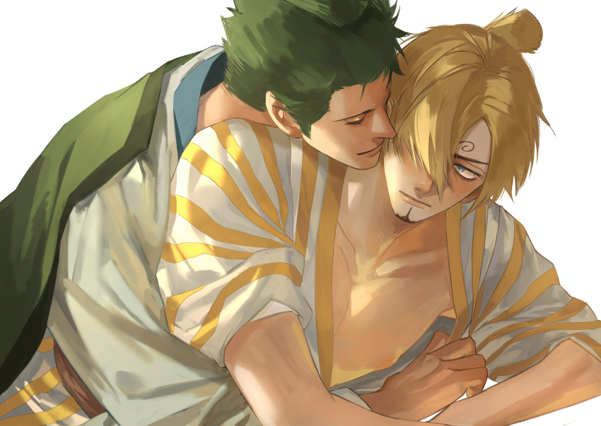 2boys alternate_hairstyle bare_pectorals blonde_hair blush celeboom green_hair hair_over_one_eye head_on_another's_shoulder highres hug hug_from_behind japanese_clothes kimono male_focus multiple_boys nipples official_alternate_costume one_piece pectorals roronoa_zoro sanji scar scar_across_eye short_hair sideburns toned toned_male undressing_another white_background white_kimono yaoi yellow_kimono