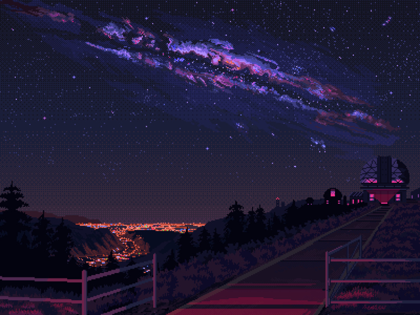 animated animated_gif city_lights kldpxl looping_animation night night_sky no_humans observatory original path pixel_art railing scenery shooting_star sky star_(sky) tree
