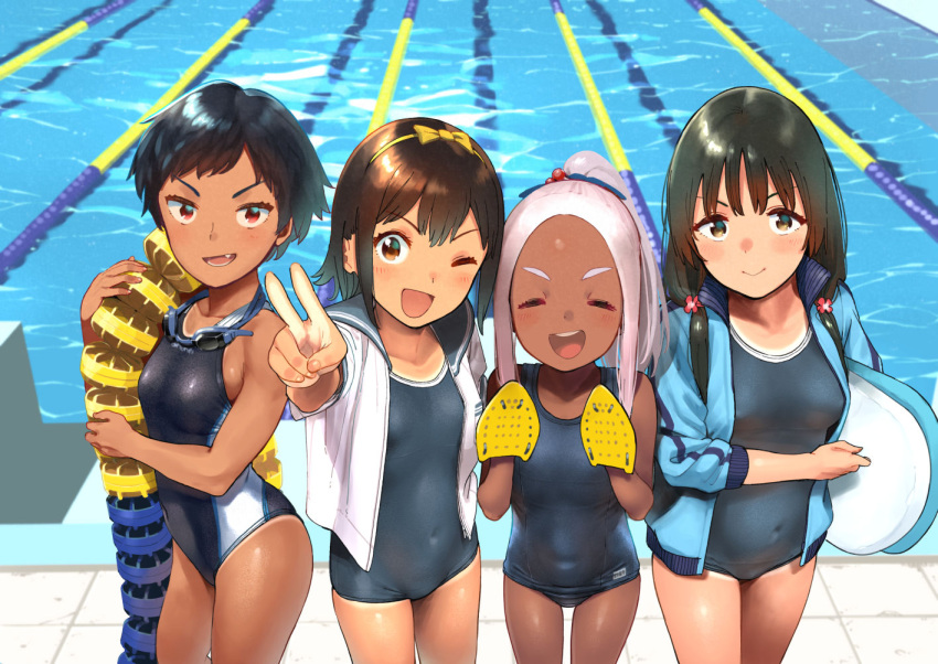 4girls black_hair black_swimsuit blue_jacket bow brown_eyes commentary_request competition_school_swimsuit competition_swimsuit cowboy_shot dark_skin fang forehead grey_sailor_collar hair_bow hairband jacket kickboard lane_line long_hair multiple_girls name_tag old_school_swimsuit one-piece_swimsuit open_clothes open_shirt original ponytail pool poolside red_eyes sailor_collar sailor_shirt school_swimsuit shiden_(sashimi_no_wife) shirt short_hair silver_hair standing swimsuit tan tanlines track_jacket v yellow_hairband