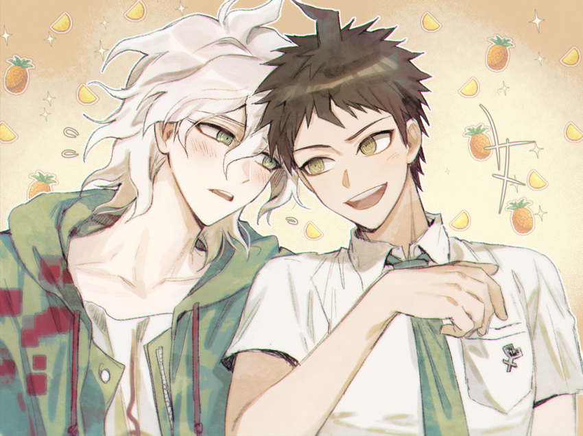 2boys :d ahoge bangs brown_hair collarbone collared_shirt danganronpa_(series) danganronpa_2:_goodbye_despair flush food fruit green_eyes green_jacket grey_hair hand_up hinata_hajime jacket komaeda_nagito long_sleeves looking_at_another male_focus medium_hair messy_hair multiple_boys necktie open_mouth pineapple ppap_(11zhakdpek19) print_shirt shirt short_hair smile upper_body upper_teeth white_hair