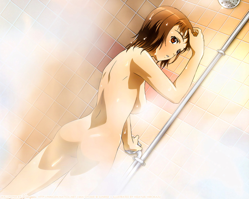 akane_soir blush brown_eyes brown_hair convenient_censoring hisayuki_hirokazu my-otome nude official_art short_hair showering solo steam steam_censor wet