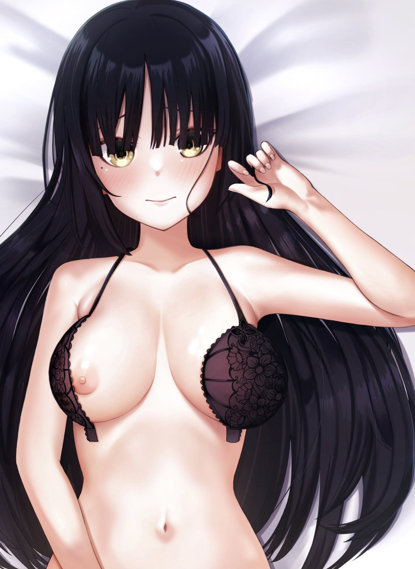 1girl arm_up bare_arms bare_shoulders bed_sheet black_bra black_hair blunt_bangs blush bra breasts breasts_apart cafe_stella_to_shinigami_no_chou closed_mouth collarbone commentary curvy dakimakura_(medium) fingernails floral_print frilled_bra frills front-hook_bra hair_between_eyes hair_down hair_spread_out highres large_breasts light_smile lips long_hair looking_at_viewer lying mole mole_under_eye navel nipples on_back open_bra shiki_natsume shiny_skin solo stomach tft_(tft7822) underwear upper_body yellow_eyes