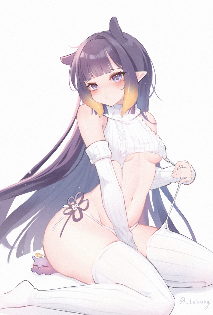 1girl :i aran_sweater artist_name blue_eyes blunt_bangs blush breasts cable_knit detached_sleeves flower_knot garter_straps gradient_hair groin halo hand_up highres hololive hololive_english loisning long_hair long_sleeves looking_at_viewer meme_attire mole mole_under_eye multicolored_hair ninomae_ina'nis orange_hair panties pointy_ears purple_hair ribbed_panties ribbed_sleeves ribbed_sweater ribbed_thighhighs side-tie_panties sidelocks sleeveless sleeveless_turtleneck small_breasts solo strap_pull sweater takodachi_(ninomae_ina'nis) tearing_up tentacle_hair turtleneck underboob underwear virgin_destroyer_sweater virtual_youtuber white_background white_garter_straps white_panties white_sweater