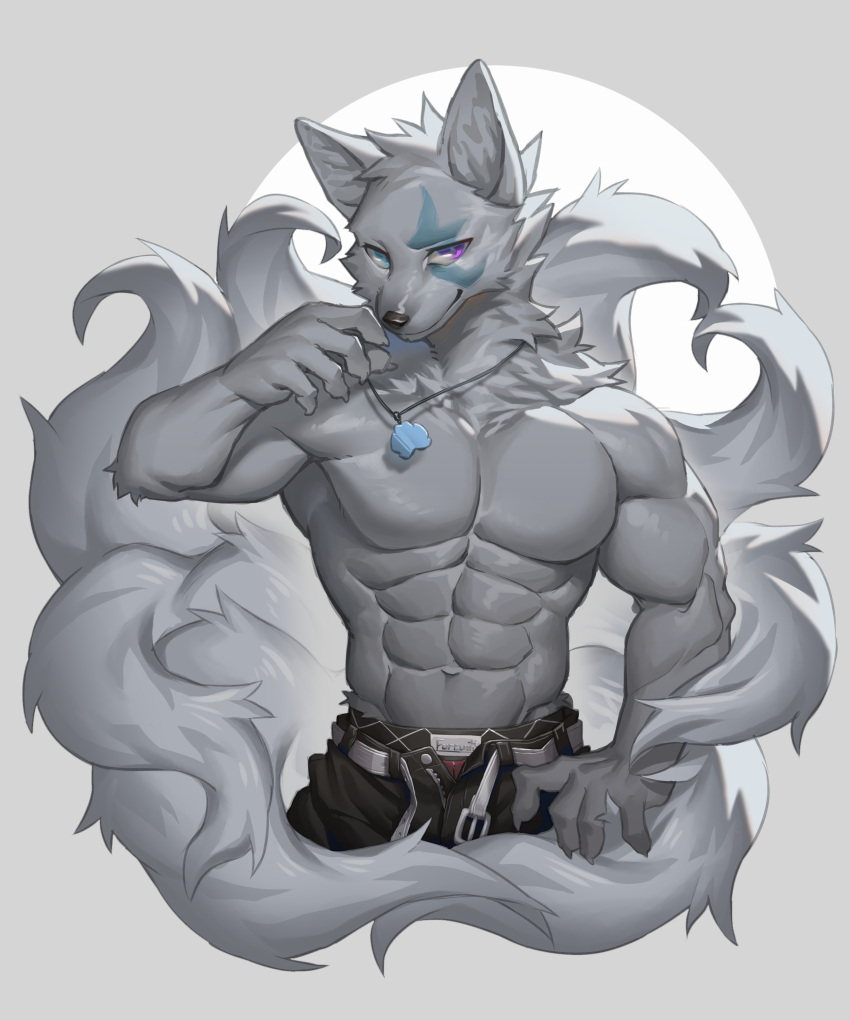 abs absurd_res anthro biceps blue_eyes bottomwear canid canine clothing collar fox fur fur_markings hair heterochromia hi_res looking_at_viewer male mammal markings multi_tail muscular muscular_anthro muscular_male pants pecs purple_eyes shirtless_male simple_background smile solo standing tail ty_arashi white_body white_fur