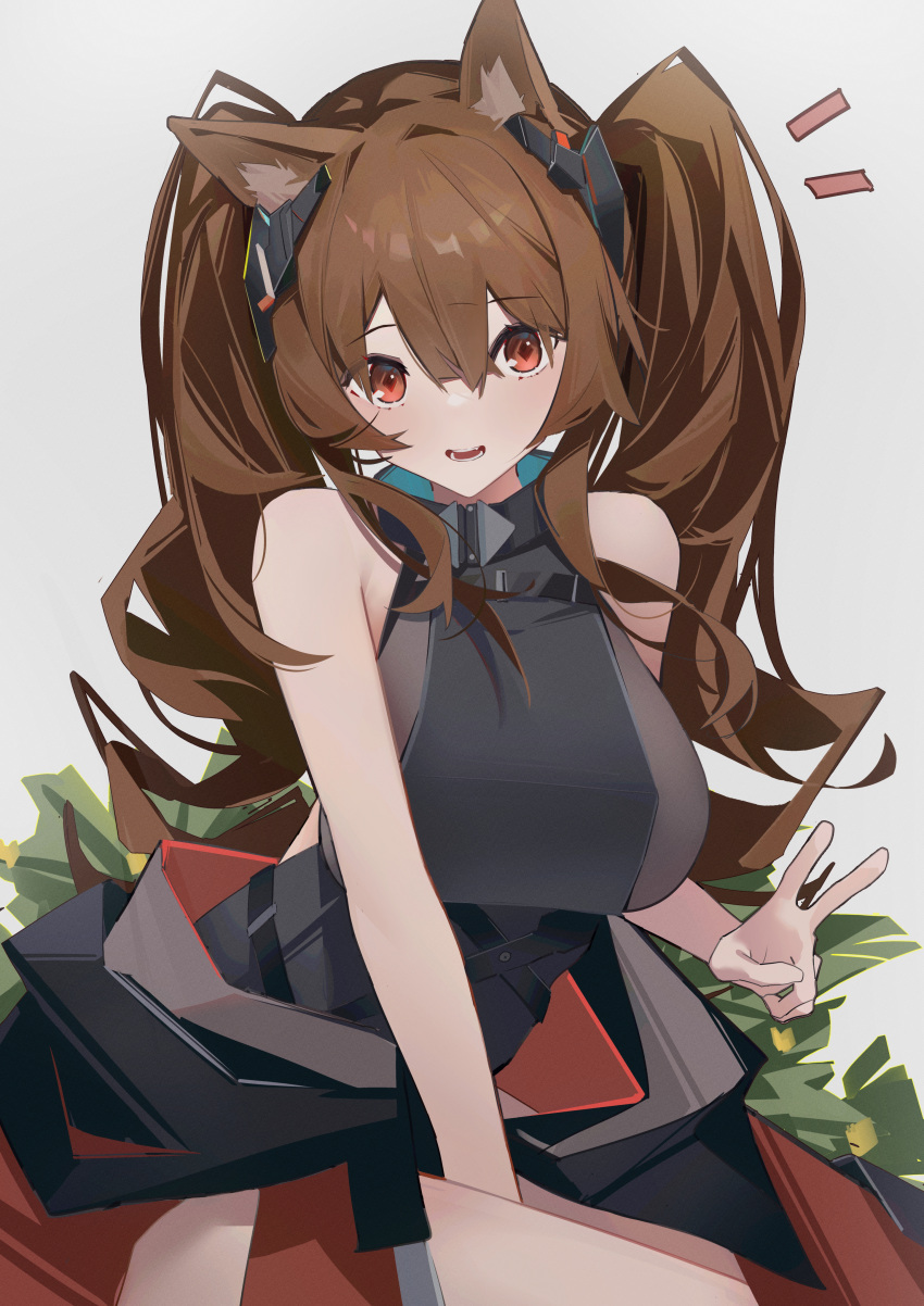 1girl absurdres angelina_(arknights) angelina_(endfield)_(arknights) animal_ears arknights arknights:_endfield bare_arms bare_shoulders black_shirt brown_hair chichi_guai clothes_around_waist commentary_request cowboy_shot earpiece fox_ears fox_girl highres jacket jacket_around_waist long_hair looking_at_viewer notice_lines open_mouth red_eyes red_jacket shirt sleeveless sleeveless_shirt smile solo twintails v very_long_hair