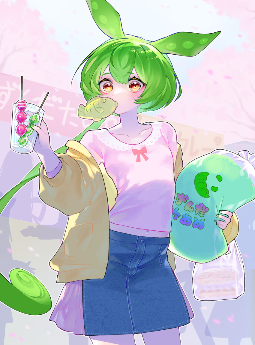 1girl arched_back bag blush breasts character_request cherry_blossoms collarbone commentary_request cotton_candy cowboy_shot cup day denim denim_skirt food food_in_mouth green_hair green_nails highres holding holding_bag holding_cup jacket jacket_partially_removed lace-trimmed_collar lace_trim long_hair long_sleeves looking_at_viewer low_ponytail market_stall marutsubo midriff mouth_hold navel open_clothes open_jacket outdoors pink_shirt shirt silhouette skewer skirt small_breasts solo_focus standing taiyaki very_long_hair voicevox wagashi yellow_eyes yellow_jacket zundamon