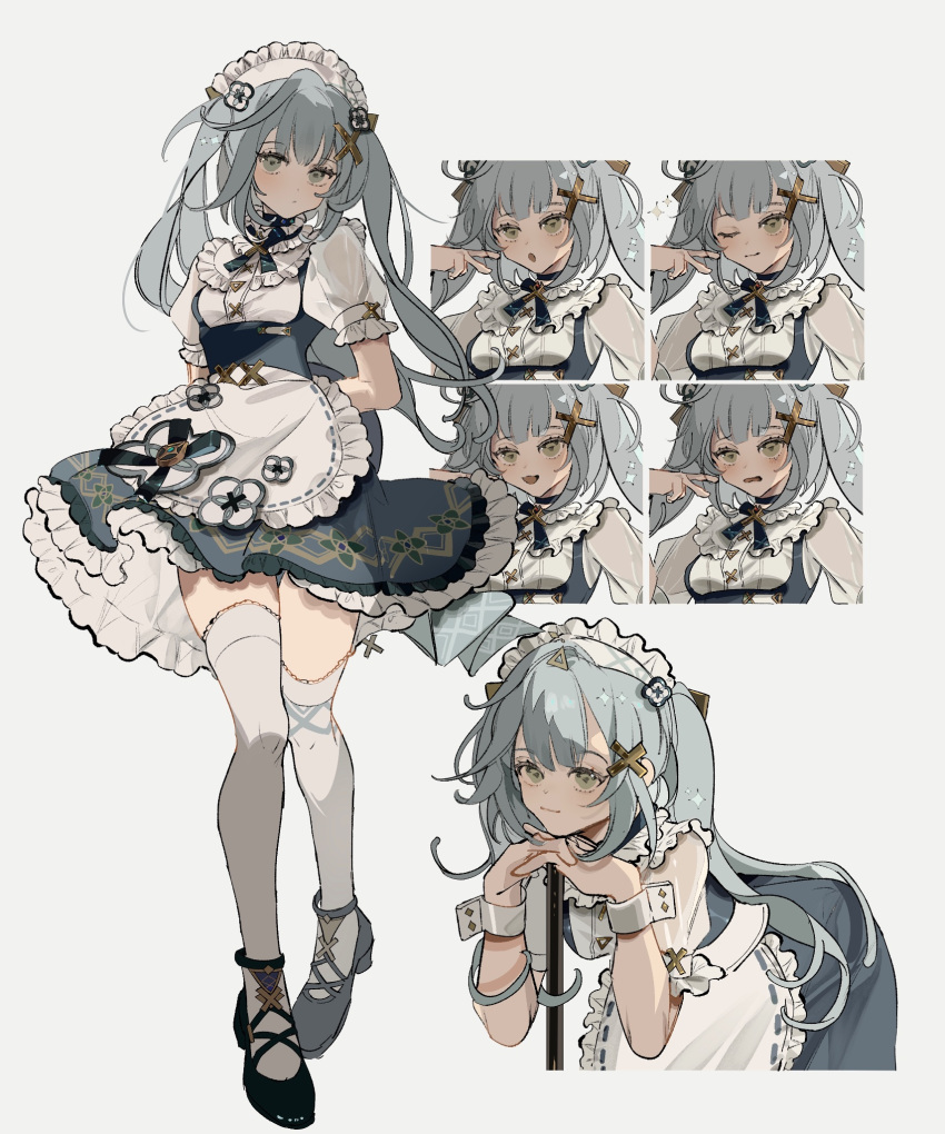 1girl apron aqua_dress aqua_hair closed_mouth collar dress faruzan_(cafe)_(genshin_impact) faruzan_(genshin_impact) frilled_collar frilled_dress frills full_body genshin_impact grey_hair hair_ornament highres long_hair looking_at_viewer maid maid_apron maid_headdress multiple_views note_nii official_alternate_costume one_eye_closed open_mouth parted_lips short_sleeves simple_background smile standing thighhighs twintails v white_apron white_background white_thighhighs x_hair_ornament zettai_ryouiki