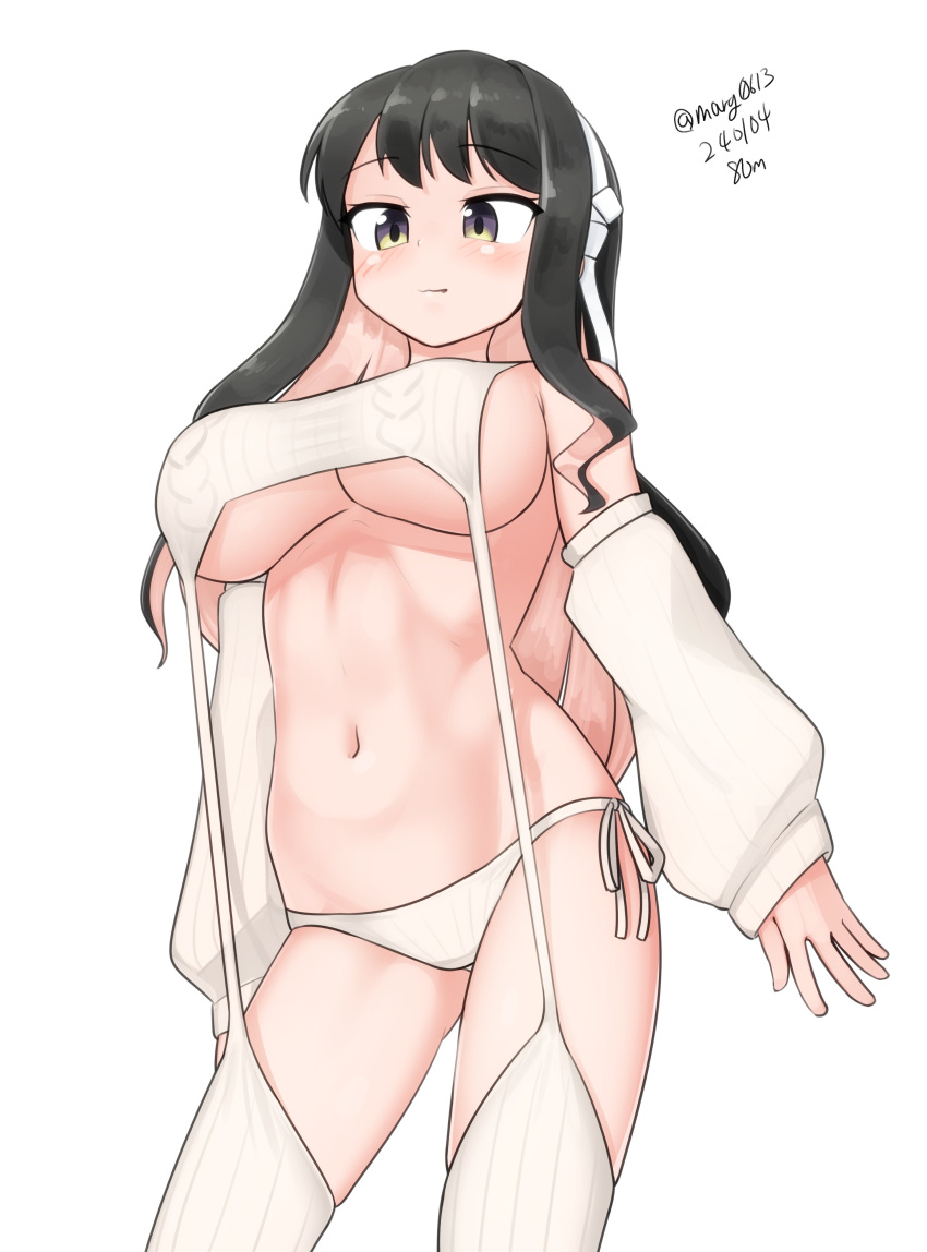 1girl absurdres black_hair breasts colored_inner_hair detached_sleeves hairband highres kantai_collection large_breasts long_hair maru_(marg0613) meme_attire multicolored_hair naganami_(kancolle) naganami_kai_ni_(kancolle) one-hour_drawing_challenge panties pink_hair side-tie_panties solo thighhighs translation_request two-tone_hair underwear virgin_destroyer_sweater wavy_hair white_hairband white_panties white_thighhighs