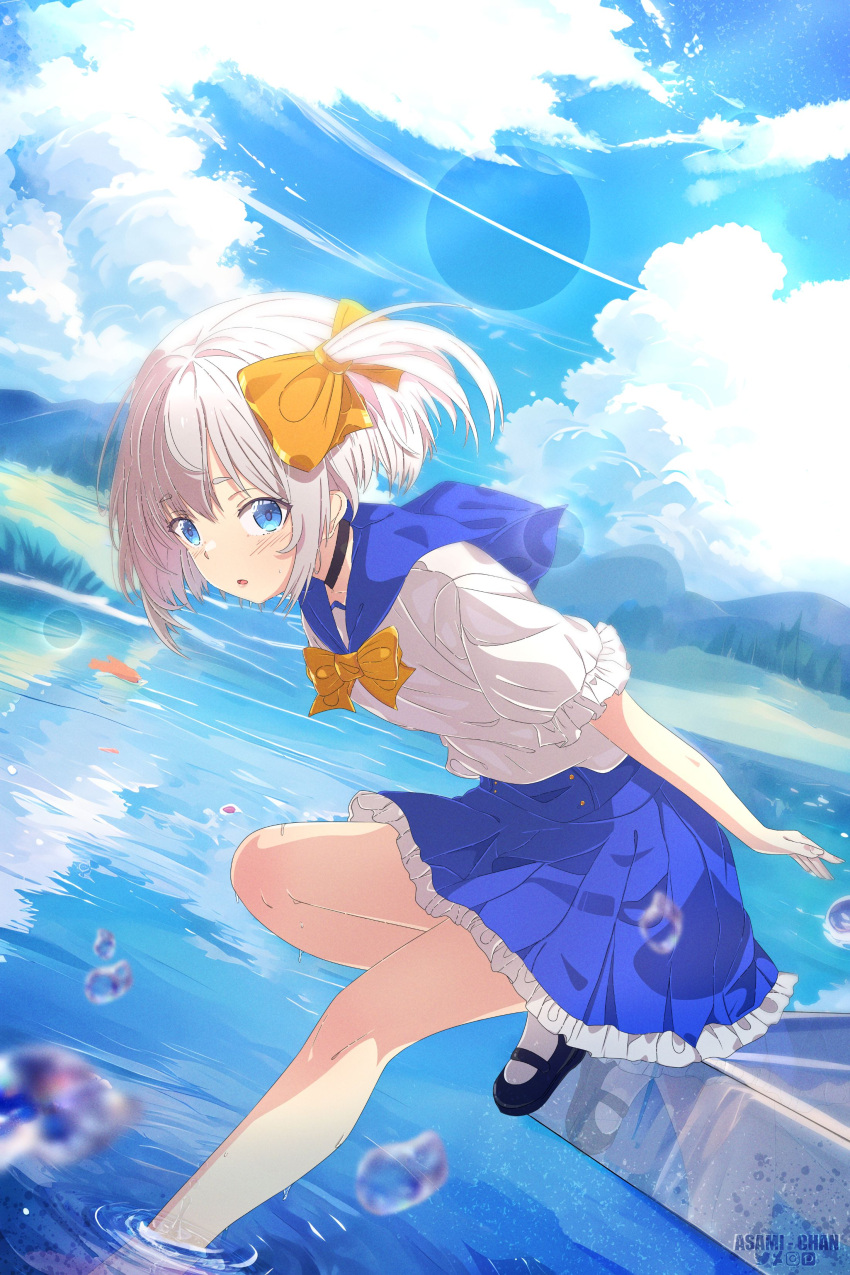 1girl absurdres artist_name asami-chan black_choker black_footwear blue_eyes blue_sailor_collar blue_skirt blush bow bowtie bubble choker cloud frilled_shirt frilled_skirt frills grey_hair hair_bow highres indie_virtual_youtuber marimari_(vtuber) one_side_up orange_bow orange_bowtie pleated_skirt reflection river sailor_collar shirt short_hair short_sleeves skirt sky solo virtual_youtuber water white_shirt