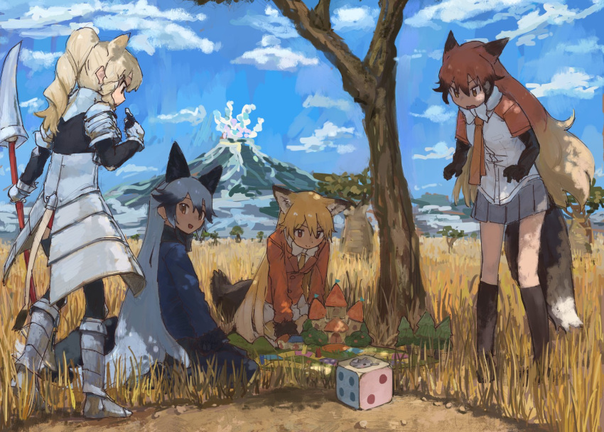 4girls animal_ears armor black_fur black_gloves black_legwear black_shirt black_skirt blue_jacket blue_legwear board_game bow bowtie dice elbow_gloves extra_ears eyebrows_visible_through_hair ezo_red_fox_(kemono_friends) faulds fox_ears fox_girl fox_tail fur_trim gauntlets gloves greaves grey_hair grey_skirt high_ponytail highres jacket kemono_friends long_hair long_sleeves multicolored_hair multiple_girls necktie orange_hair orange_jacket orange_legwear orange_neckwear pantyhose polearm red_fox_(kemono_friends) red_hair red_sleeves rhinoceros_ears rhinoceros_girl rumenia_(ao2is) shirt short_sleeves silver_fox_(kemono_friends) silver_hair sitting skirt socks spear t-shirt tail weapon white_hair white_neckwear white_rhinoceros_(kemono_friends) white_shirt