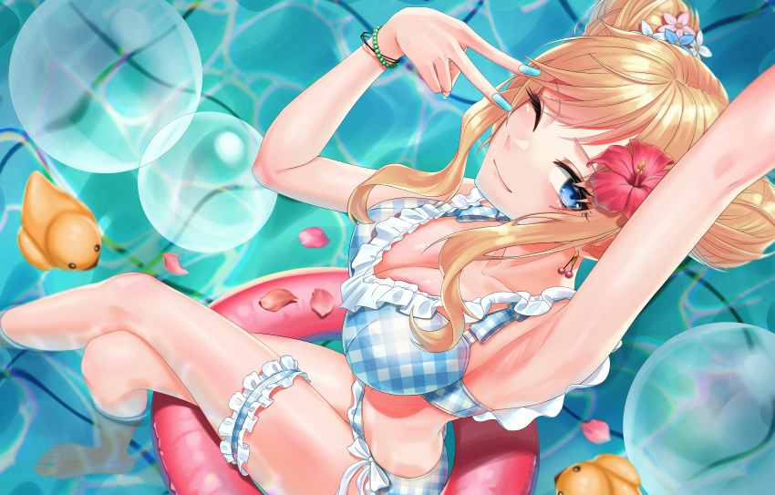 1girl absurdres arm_up armpits bikini blonde_hair blue_eyes breasts bubble cleavage closed_mouth double_bun flower hair_flower hair_ornament hear_(kpmf4732) highres idolmaster idolmaster_cinderella_girls idolmaster_cinderella_girls_starlight_stage innertube large_breasts long_hair looking_at_viewer ohtsuki_yui one_eye_closed petals plaid plaid_bikini refraction rubber_duck smile solo swimsuit wading_pool wavy_hair