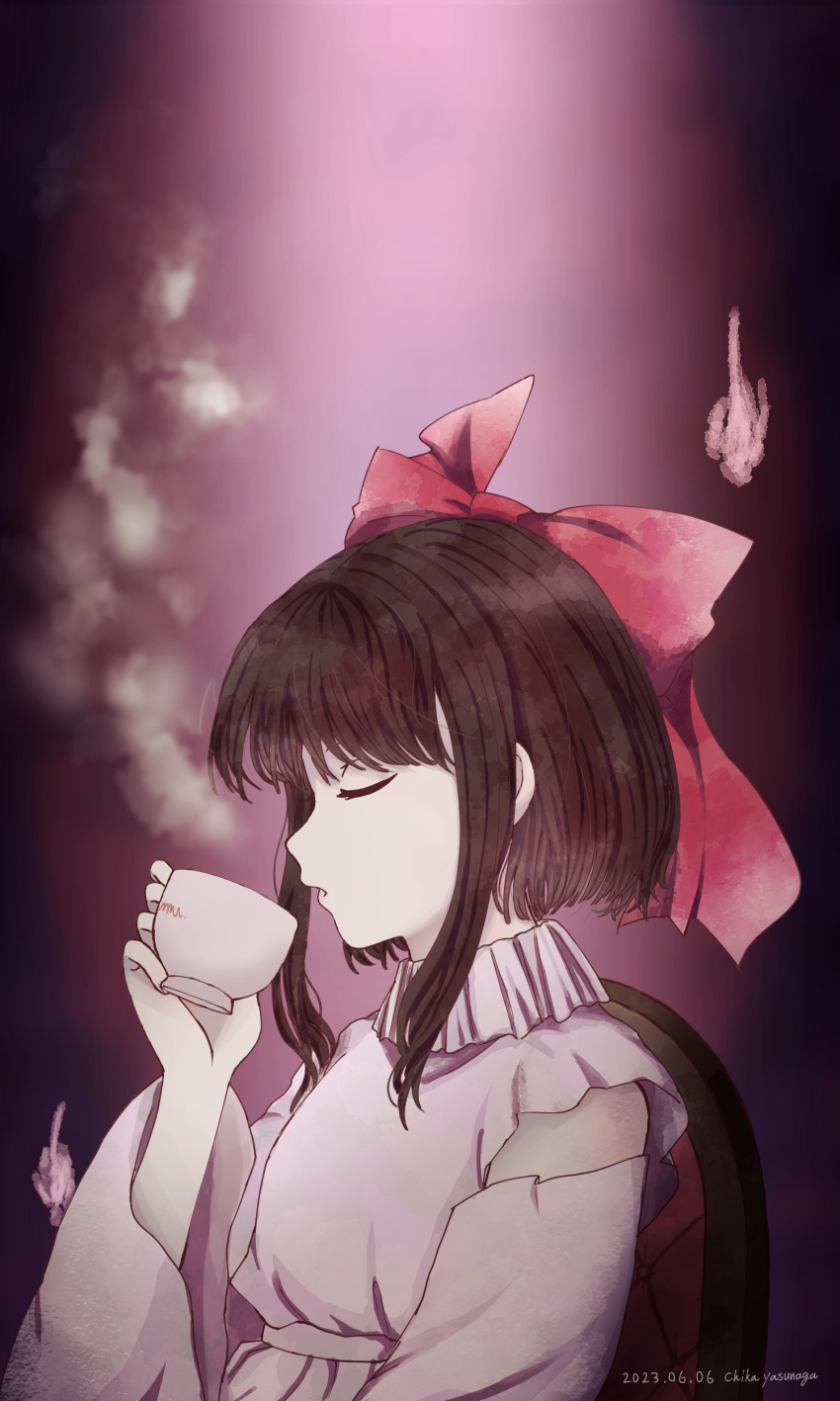 1girl absurdres bare_shoulders bow brown_hair chisa_yasunaga closed_eyes cup detached_sleeves from_side hair_bow hakurei_reimu highres holding holding_cup long_sleeves mug parted_lips pink_shirt pink_skirt pink_sleeves portrait_of_exotic_girls red_bow shirt short_hair sidelocks sitting skirt solo touhou upper_body wide_sleeves