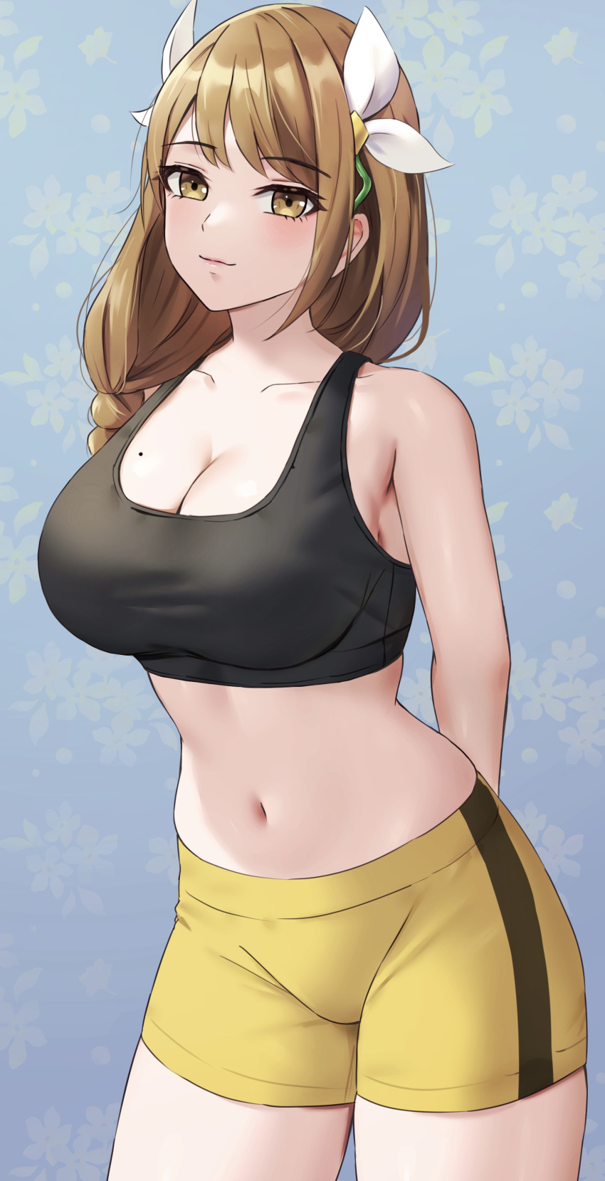 1girl absurdres amayo_thranana armpit_crease bare_shoulders black_tank_top blue_background braid breasts brown_eyes brown_hair cleavage closed_mouth collarbone commentary commission cowboy_shot crop_top eyelashes fire_emblem fire_emblem_engage flower goldmary_(fire_emblem) hair_flower hair_ornament highres large_breasts long_hair looking_at_viewer midriff navel shorts smile solo tank_top yellow_shorts