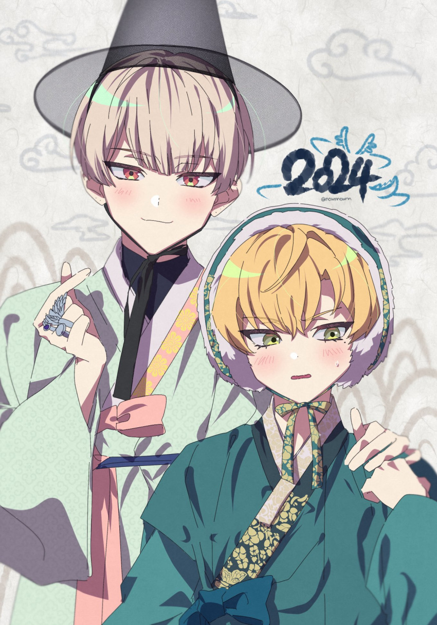 2024 2boys blonde_hair blush brothers finger_heart green_eyes highres japanese_clothes looking_at_viewer male_focus multiple_boys nownnownn orange_eyes orange_hair paradox_live short_hair siblings twitter_username yeon_dongha yeon_hajun