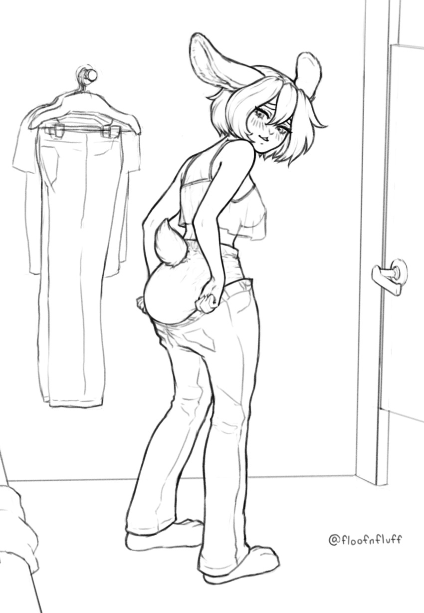 absurd_res anthro bangs blush bottomwear breasts changing_booth clothes_hanger clothing denim denim_bottomwear denim_clothing diaper door exposed_diaper female floofnfluff furgonomics hair hi_res inside jeans lace_topwear lagomorph leporid long_ears looking_back mammal monochrome nipples pants paws pulling_up_pants rabbit scut_tail shirt short_tail signature solo spaghetti_strap tail topwear translucent translucent_clothing translucent_topwear