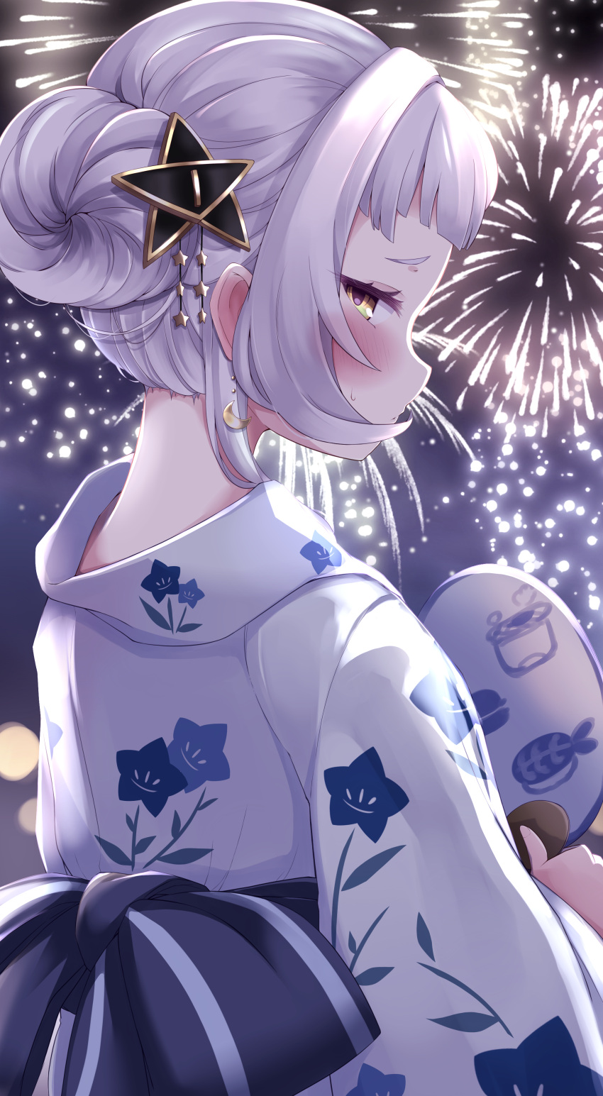1girl absurdres aerial_fireworks back_bow bangs black_bow blush bow cocozasa commentary_request crescent crescent_earrings earrings fireworks floral_print from_behind hair_bun hair_ornament hand_fan highres holding holding_fan hololive japanese_clothes jewelry kimono looking_at_viewer looking_back murasaki_shion print_kimono short_eyebrows short_hair side_bun silver_hair solo star_(symbol) star_hair_ornament upper_body virtual_youtuber white_kimono yellow_eyes
