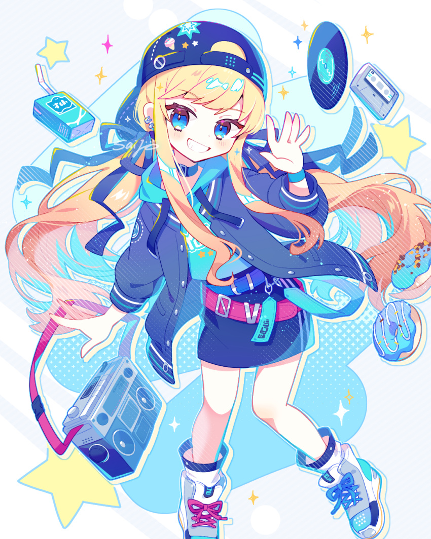 1girl baseball_cap black_coat blonde_hair blue_eyes cassette_tape coat doughnut food full_body grin hat highres long_hair low_twintails original saijo1201 smile twintails