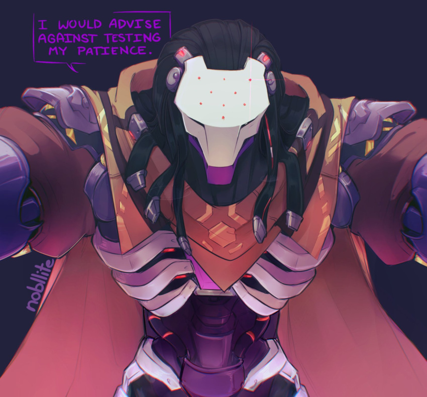 1boy artist_name brown_cape cape cyborg english_text highres kabedon_on_viewer long_hair looking_at_viewer male_focus mechanical_arms mechanical_parts nobllite omnic overwatch overwatch_2 pov purple_background ramattra_(overwatch) robot solo speech_bubble