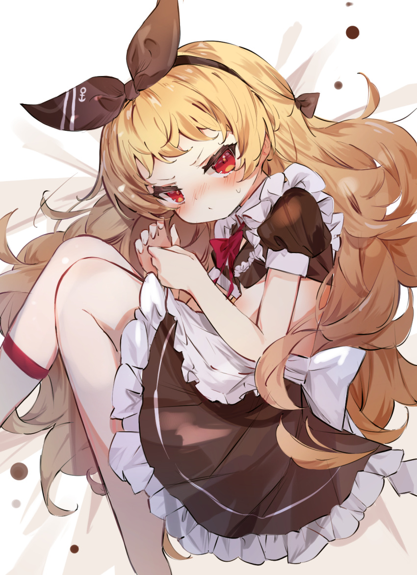 1girl anchor_symbol asymmetrical_legwear azur_lane black_ribbon blonde_hair blush commission dress from_side fujii_shino highres jenkins_(azur_lane) lace lace-trimmed_skirt lace_trim legs long_hair looking_at_viewer maid neck_ribbon pixiv_request red_eyes ribbon skirt solo wavy_hair