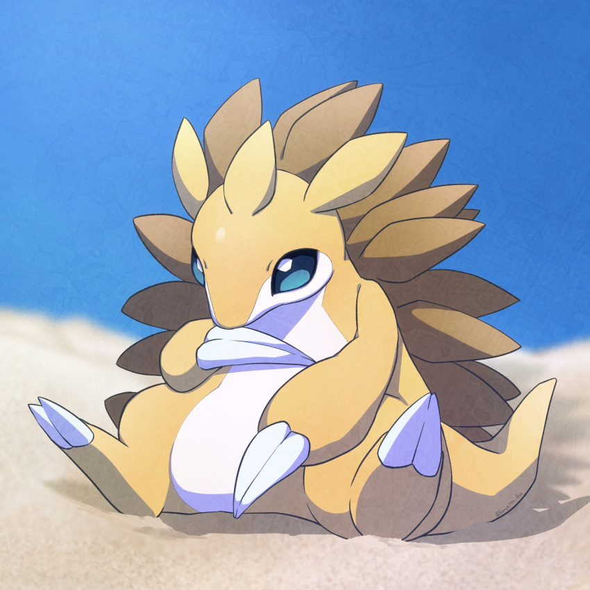 animal_focus blue_eyes blue_sky blurry blurry_background claws colored_skin dark_skin highres kompeito_fox multicolored_skin no_humans pokemon pokemon_(creature) sandslash sitting sky spikes tail two-tone_skin white_skin